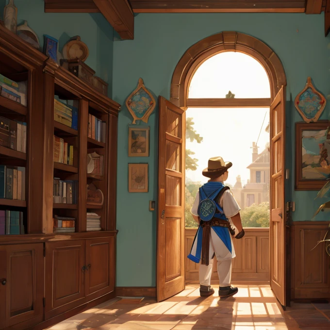 Estamos en una sala, In the background we see a bookshelf and next to it a window. Afuera de la ventana vemos un pajaro