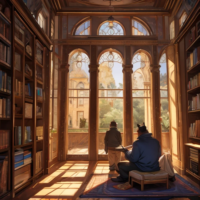 Estamos en una sala, In the background we see a bookshelf and next to it a window. Afuera de la ventana vemos un pajaro