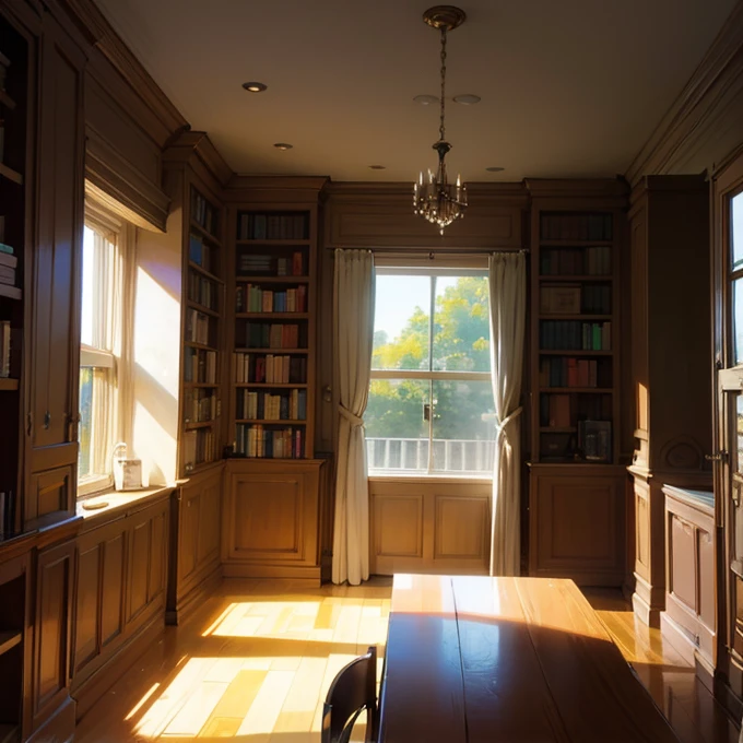 Estamos en una sala, In the background we see a bookshelf and next to it a window. Afuera de la ventana vemos un pajaro 