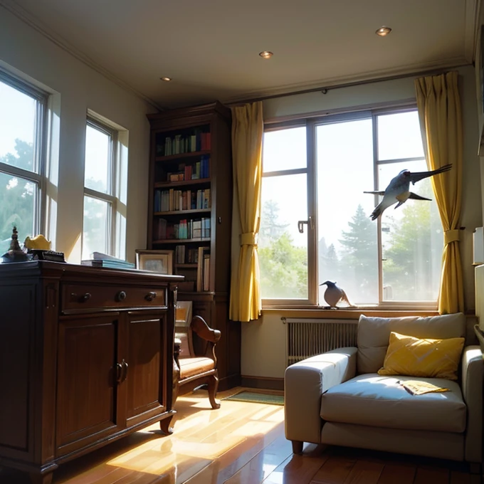 Estamos en una sala, In the background we see a bookshelf and next to it a window. Afuera de la ventana vemos un pajaro