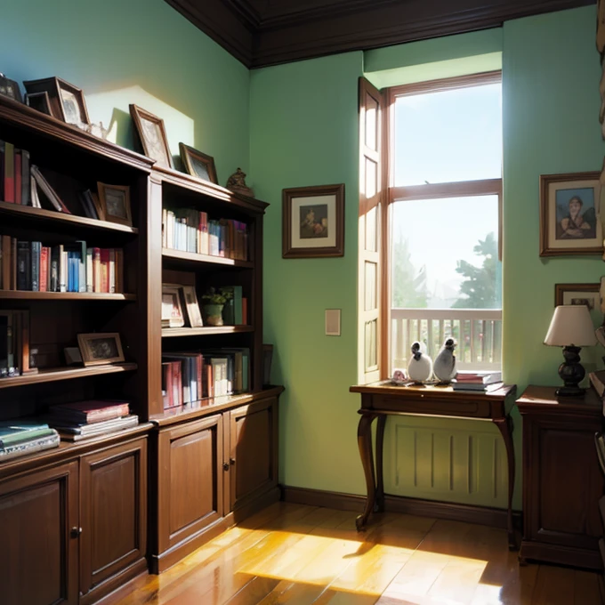 Estamos en una sala, In the background we see a bookshelf and next to it a window. Afuera de la ventana vemos un pajaro