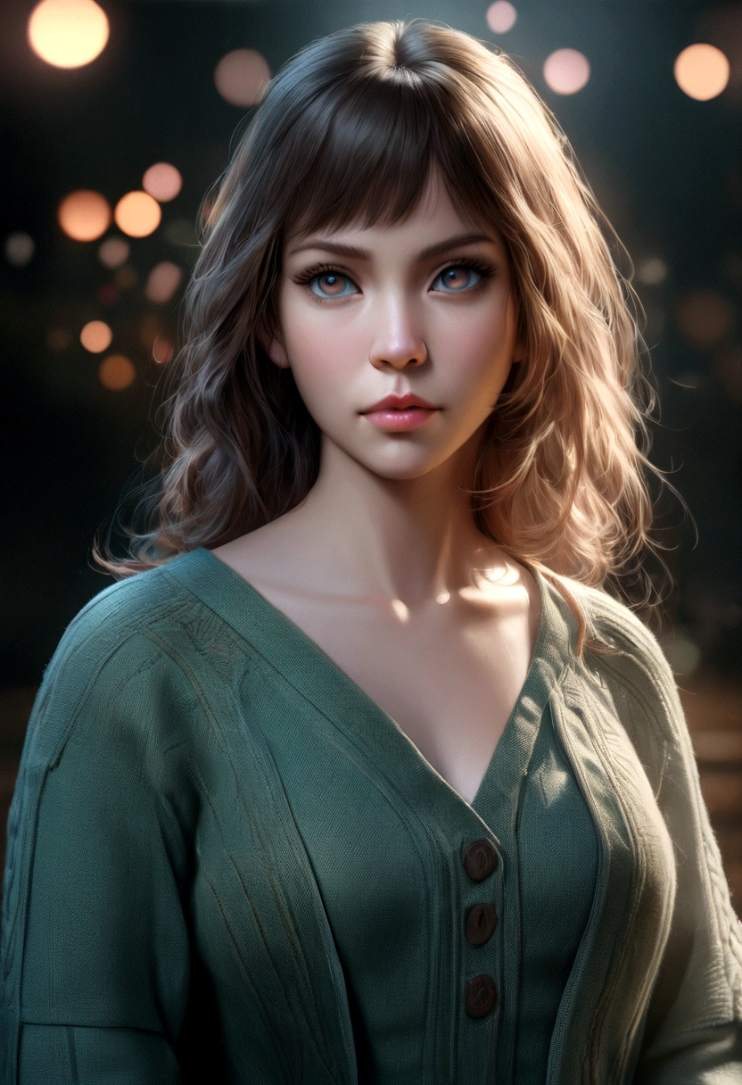a young girl in a cyan cardigan, dark green sweater, and mini skirt, standing with her clothes open, (best quality, 4k, 8k, highres, masterpiece:1.2), ultra-detailed, (realistic, photorealistic, photo-realistic:1.37), highly detailed facial features, beautiful detailed eyes, beautiful detailed lips, extremely detailed eyes and face, long eyelashes, studio lighting, vivid colors, bokeh, digital art, anime style, detailed background, moody lighting