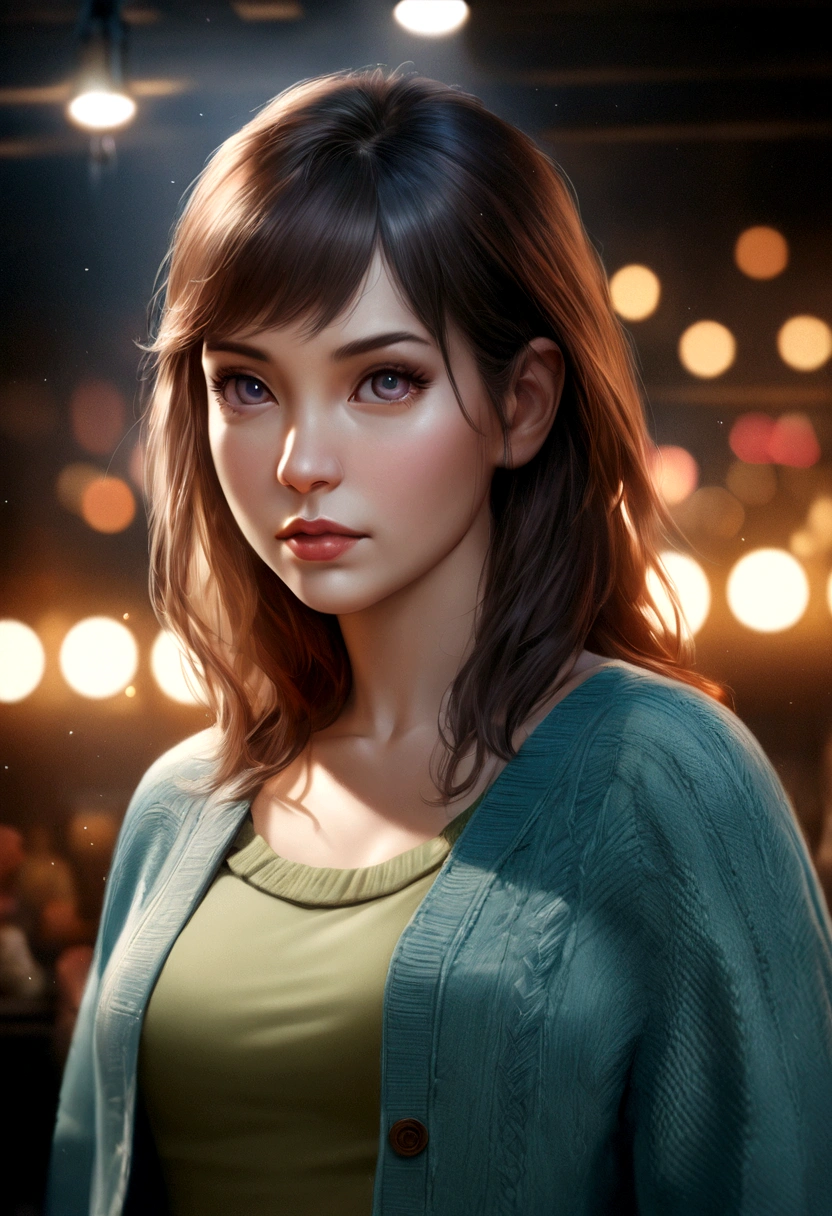 a young girl in a cyan cardigan, dark green sweater, and mini skirt, standing with her clothes open, (best quality, 4k, 8k, highres, masterpiece:1.2), ultra-detailed, (realistic, photorealistic, photo-realistic:1.37), highly detailed facial features, beautiful detailed eyes, beautiful detailed lips, extremely detailed eyes and face, long eyelashes, studio lighting, vivid colors, bokeh, digital art, anime style, detailed background, moody lighting