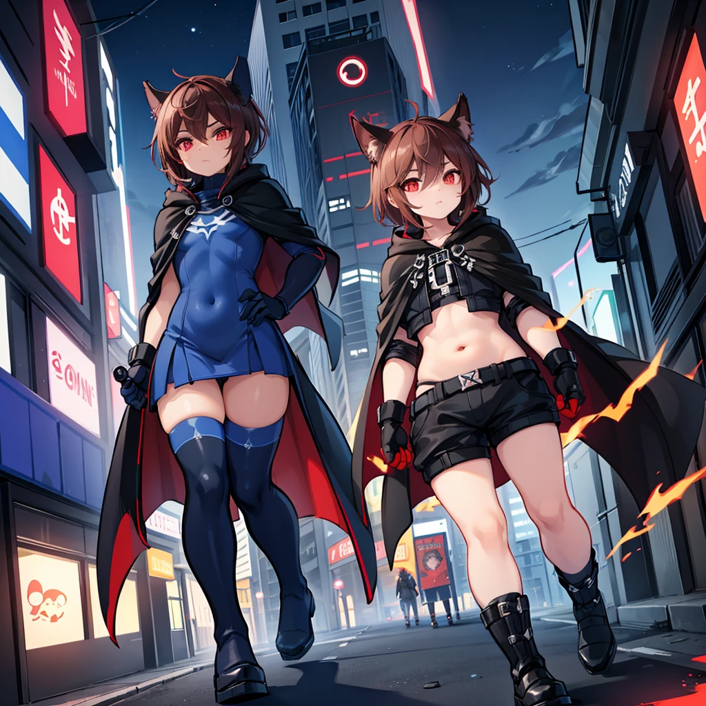 1boy, Femboy, superhero, crossdresser man, ager, with a dark blue with red accents full body Spandex crow themed suit, with a blue cape, a blue glowing decal in the chest, black gloves and black boots that resemble crow feet, and a hoodie, long technological red sword, brown skinned, red eyes, feminine shoulder length dark brown hair, wide hips, thick thighs , flat chest, narrow waist, walking down street a futuristic city at night ((only one character))