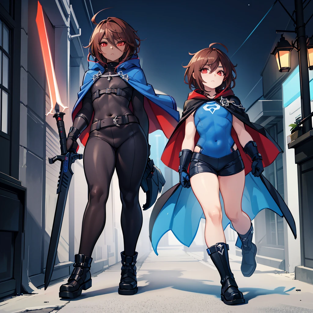 1boy, Femboy, superhero, crossdresser man, teenager, with a dark blue with red accents full body Spandex crow themed suit, with a blue cape, a blue glowing decal in the chest, black gloves and black boots that resemble crow feet, and a hoodie, long technological red sword, brown skinned, red eyes, feminine shoulder length dark brown hair, wide hips, thick thighs , flat chest, narrow waist, walking down street a futuristic city at night ((only one character))