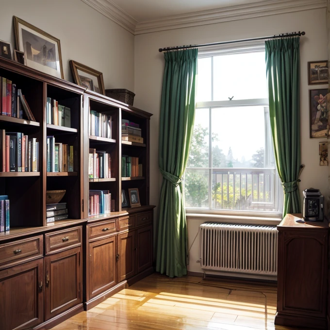 Estamos en una sala, In the background we see a bookshelf and next to it a window. Afuera de la ventana vemos un pajaro 
