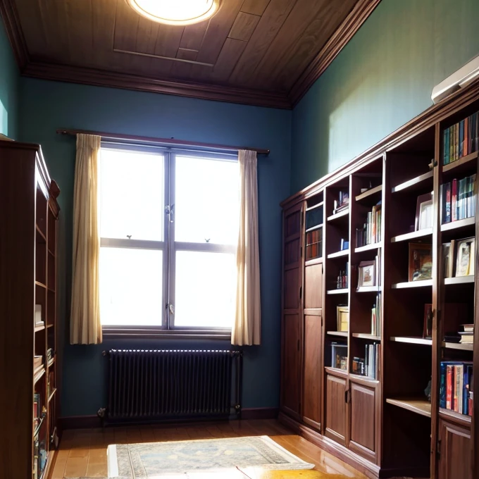 Estamos en una sala, In the background we see a bookshelf and next to it a window. Afuera de la ventana vemos un pajaro 