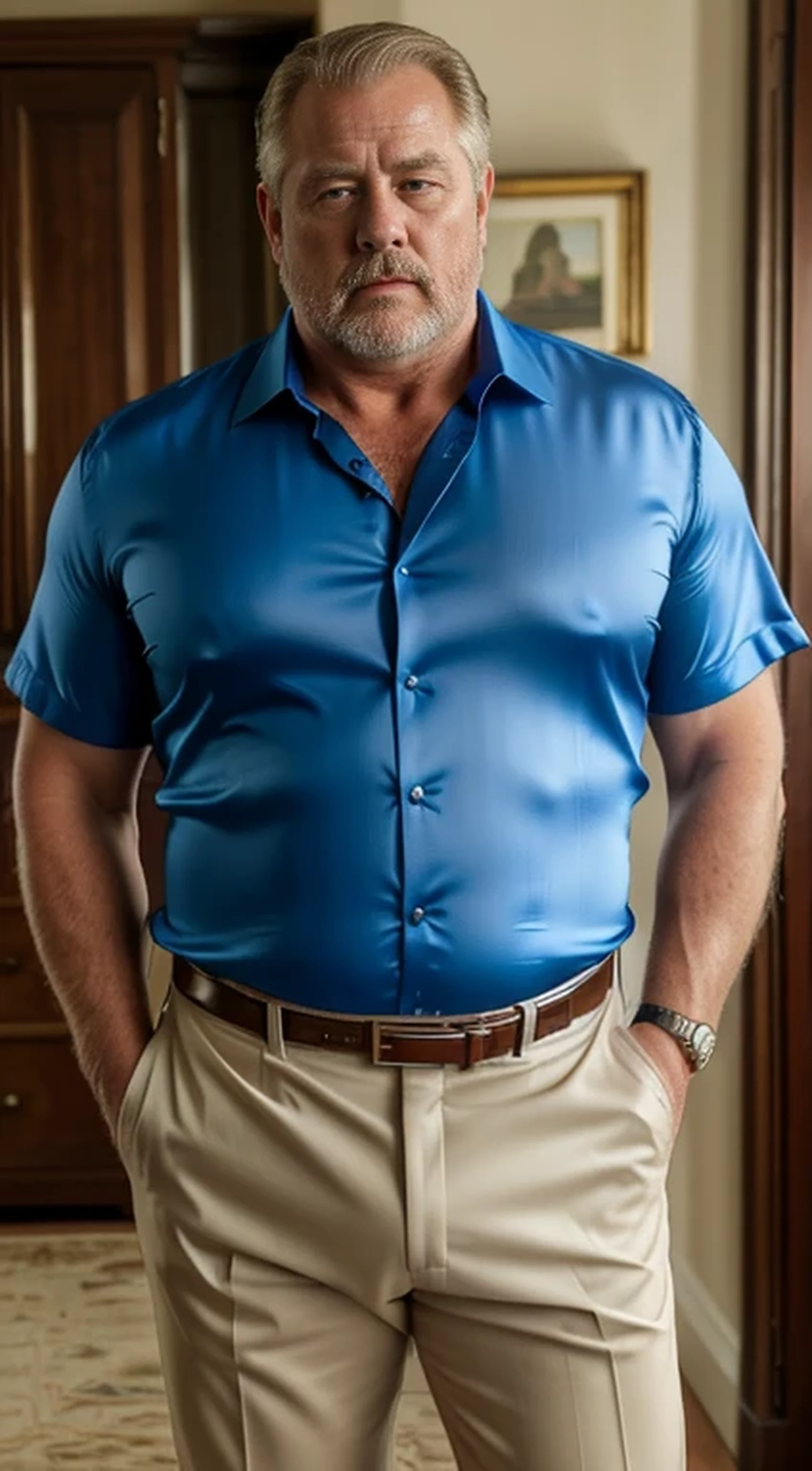 (best quality,4k,8k,highres,masterpiece:1.2), age 60, white man detective , horny disgusting, muscular chubby, kind, open blue silk shirt, mature daddy,black Dress Pants with big hard bulge, hairy chest hard nipple, belt, loafer,