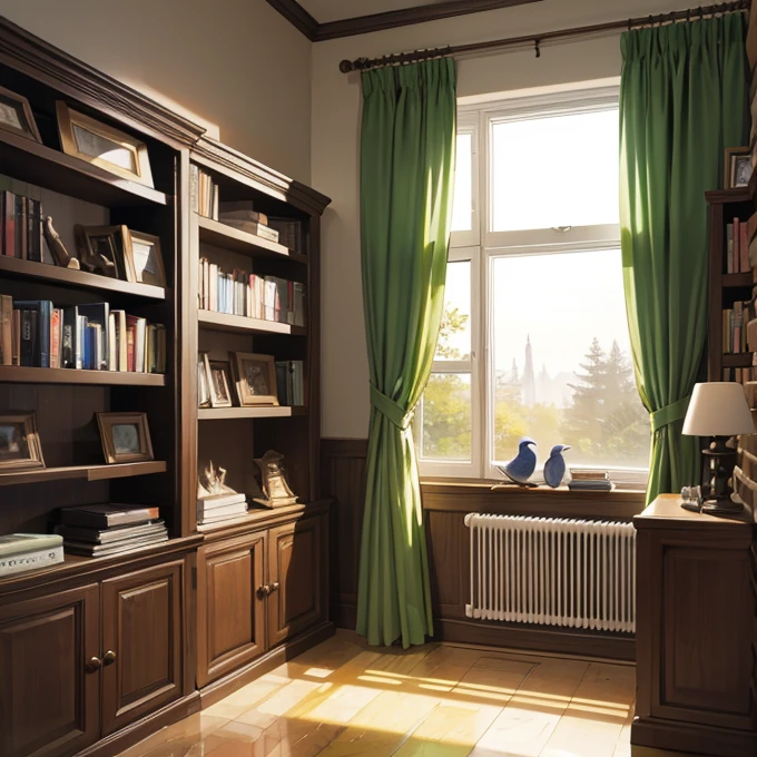 Estamos en una sala, In the background we see a bookshelf and next to it a window. Afuera de la ventana vemos un pajaro