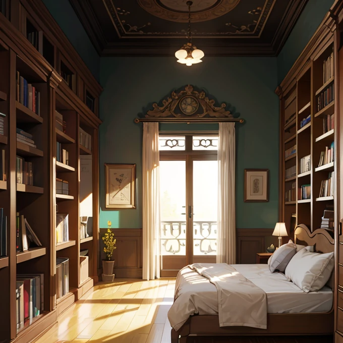 Estamos en una sala, In the background we see a bookshelf and next to it a window. Afuera de la ventana vemos un pajaro