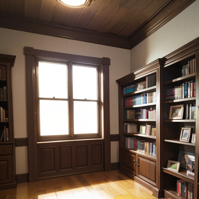 Estamos en una sala, In the background we see a bookshelf and next to it a window. Afuera de la ventana vemos un pajaro