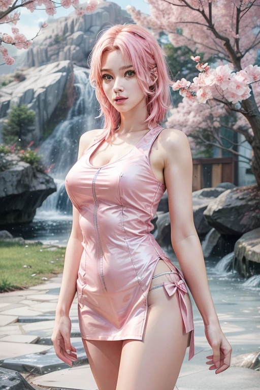 young woman, short shoulder-length pink hair, wide forehead, porcelain skin, pink eyebrows, big emerald green eyes, buttoned nose, full lips, heart-shaped face, slender body, small breasts, red tank top, Sakura Haruno , realistic, realism, details, 3d, well detailed
