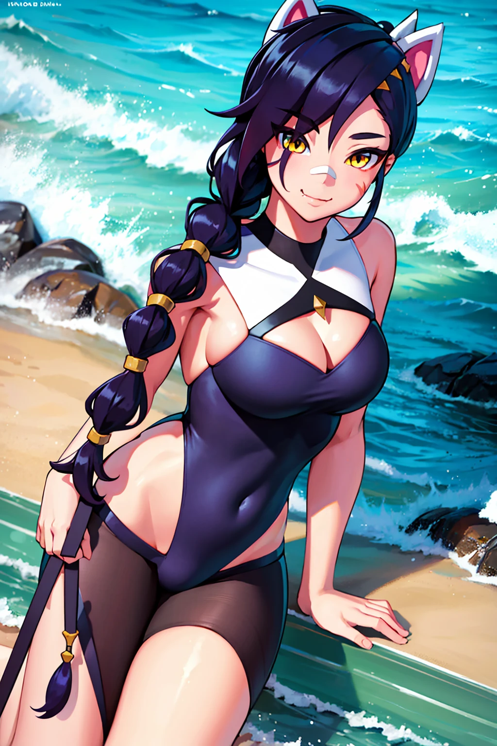Erisa, 1girl, solo, long hair, looking at viewer, black hair, bandaid on face, yellow eyes, animal ears, smile, bandaid on nose, braid, cat ears, bandaid, bangs, breasts, fake animal ears, simple background, fang, bare shoulders, scar, bare shoulders, closed mouth, hair over one eye, portrait, hair over shoulder, legs, seductive, bathing suit, 2 piece swimsuit, beach, realistic, highly detailed face, detailed eyes, best quality, masterpiece, ultra detail, ultra high res, extreme detail, 8k, uhd, voluptuous