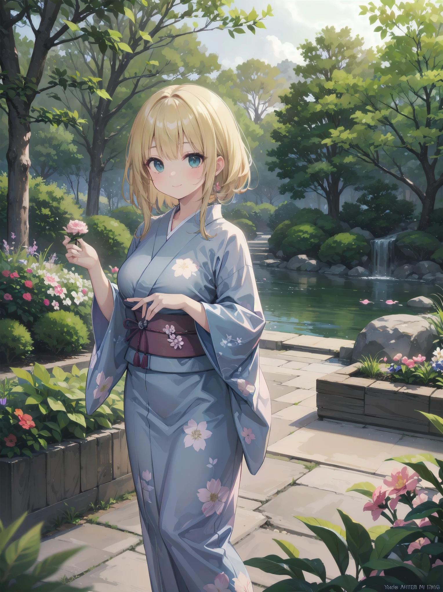 Subject: pretty beautiful girl
Subtitle: {Long, straight blonde hair}{Japanese-style yukata}{Posing picking flowers}{Japanese garden}{Smiling demurely}{Mirrorless camera, f/1.8, 1/400 sec, ISO 800, soft focus effect}
A beautiful girl with long, straight blonde hair stands in a quiet Japanese garden. She is wearing a beautiful Japanese yukata and is elegantly picking flowers. Her modest smile enhances her elegance and makes for a memorable scene. In the background is a lush green Japanese garden, which gives the scene a traditional beauty. The photo was taken with a mirrorless camera at f/1.8 aperture, shutter speed 1/400 sec, ISO 800, and the soft-focus effect adds to the soft, magical atmosphere.