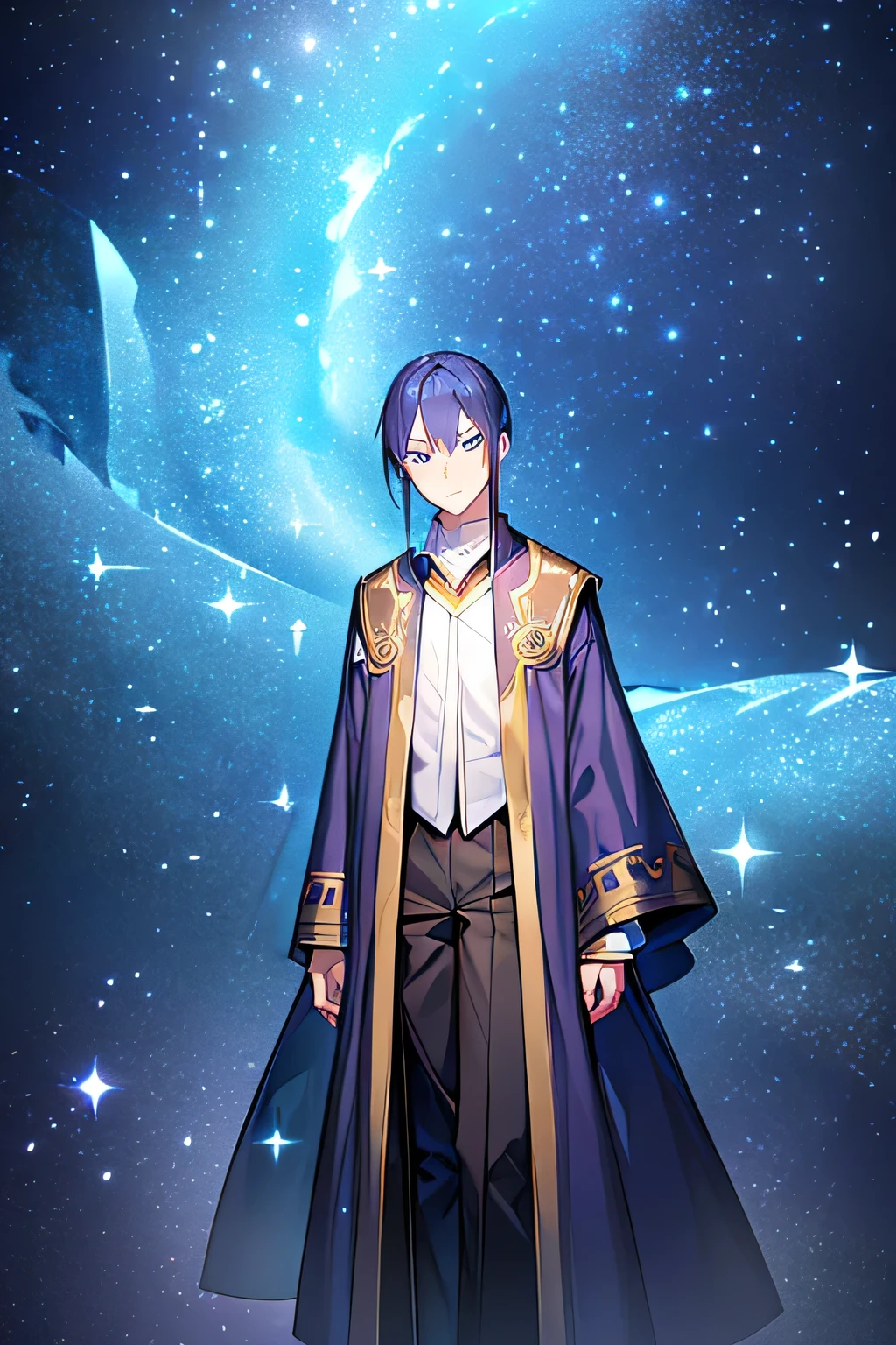 masterpiece,best quality, high quality,realistic,16k,anime,hard-edged,Full body,Standing Upright ,expressionless,sparkle(in the eyes),deep detailed eyes,closed mouth,medium hair,blue hair,young boy,wizard,black background,living,outdoor