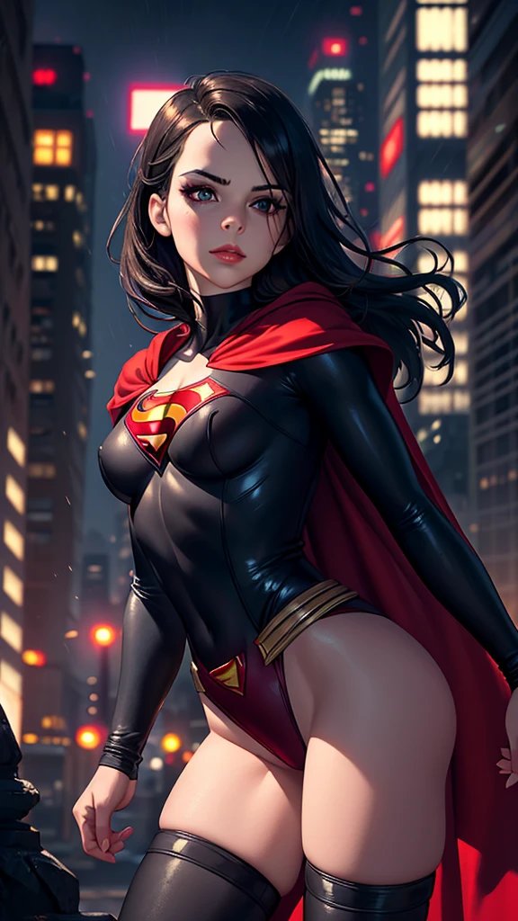 realistic, best quality, (masterpiece:1.2), absurdres, (1girl, solo), fashion photography of superhero, lips, small breasts, beautiful, makeup, mascara, lip gloss, black hair, a beautiful woman wearing Superman Costume, red cape, full body portrait, soft design, natural lights, looking at viewer, (Dark midnight Gotham City background:1.3)