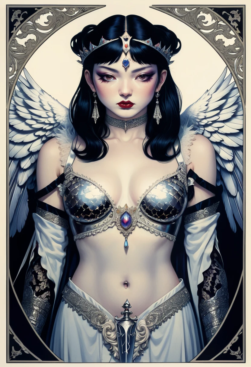 tarot card, chiaroscuro technique on sensual illustration of an queen of sword, Piercing Gaze, vintage queen, eerie, matte painting, by Hannah Dale, by Harumi Hironaka, extremely soft colors, hint of silver, highly detailed, digital artwork, high contrast, dramatic, refined, tonal, highest quality,anatomy correct,ultra-wide-angle,depth of fields, representing her ability to adapt in challenging situations, a small eagle, Focus on a color palette