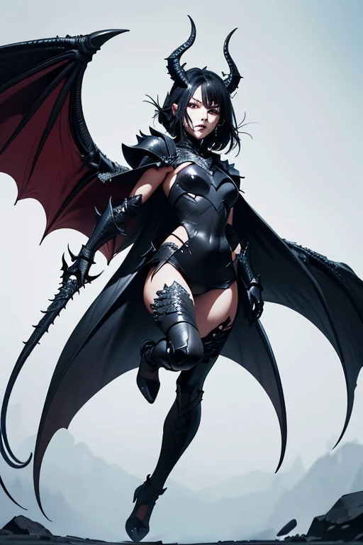 (High Detail:1.2) Anime Girl, (Best quality, Detailed), (dark and angry, gravelly:1.3, dark:1.2), 1girl, (solo), ILLIDAN, World of Warcraft, (Demonic wings, pointed horns:1.3, dark black skin), two blades of Azzinoth, short bob hair, black hair, yellow eyes, tanned skin, sinister, intense look, background dark, Volumetric light, hyper realistic, super detailed, Dynamic pose
