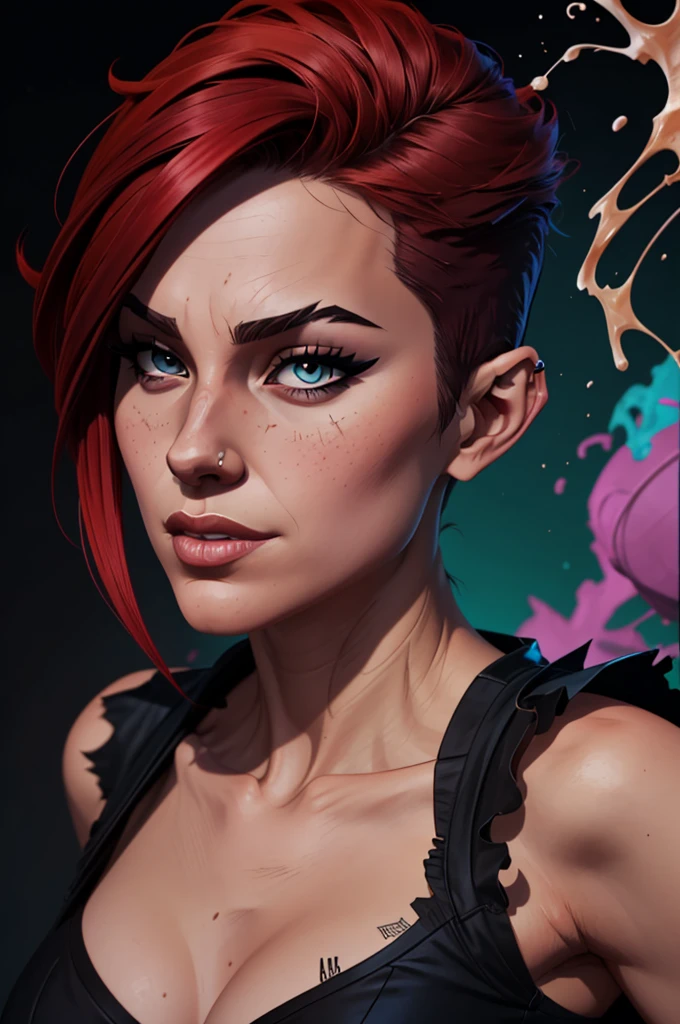 a woman with punk red hair (very short on the sides) and a black shirt is standing in front of ablack background with blue brush splash, lois van baarle and rossdraws, portrait of vi from arcane, artgerm and lois van baarle, rossdraws 2. 0, rossdraws 1. 0, rossdraws 2. 5, artgerm and rossdraws, artgerm comic, black background with blue brush splash, 8K image quality, Masterpiece