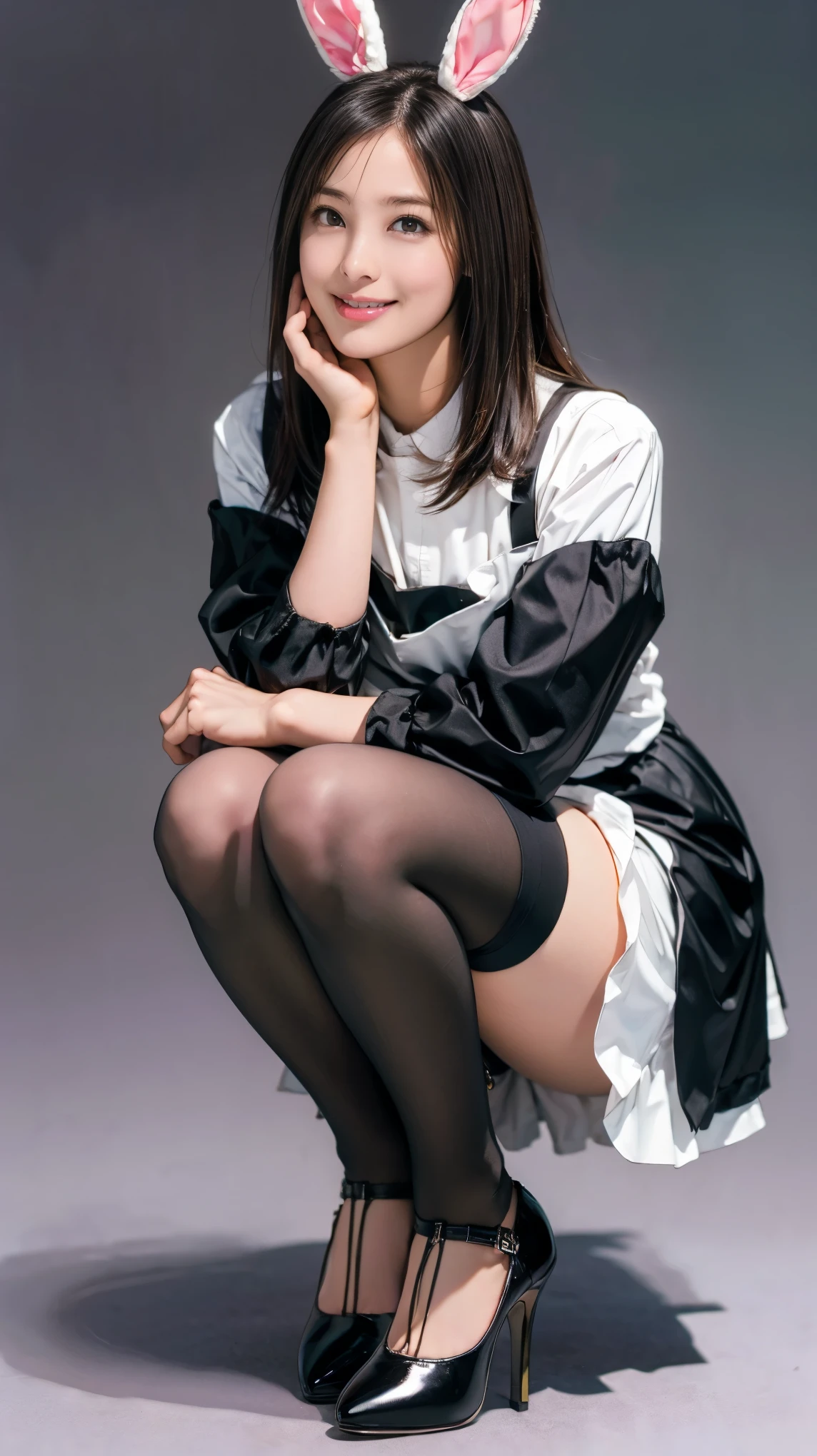 Bunny girl in maid outfit:1.5,wear black tights:1.5,The best smile:1.5,Full Body Shot:1.5,Gray background:1.5,Wearing black high heels:1.5,squat:1.5