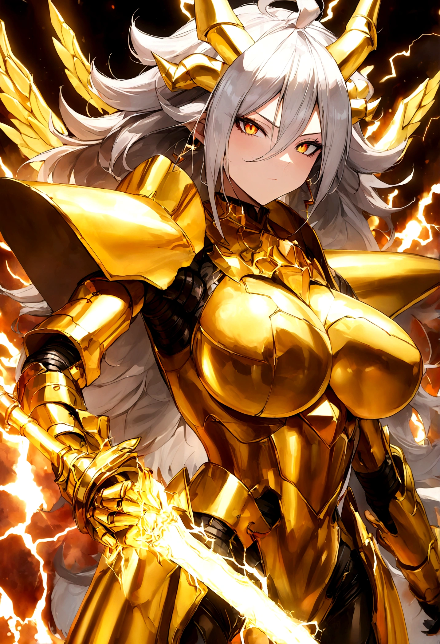 ((Lightning Power)), ((Electricity)), ((Fire Background)), ((Lightning Storm)), ((Power Erupting)),((((android 21 Evil)))), (((white Coat))), (((Busty))), (((((Big breast:1,3)))), luxury bustier corset, (((silver hair))), (((Very slim waist))), propotional body, ((Gorgeous)), (((gold wings))), masterpiece, hyperdetail, ambient effect, digital effect, (((FIRE SWORD)), (((Lightning Sword))), (((Fire Gold Armor))), (((Lightning Gold Wings))), (((Fire Blazing Horns)))