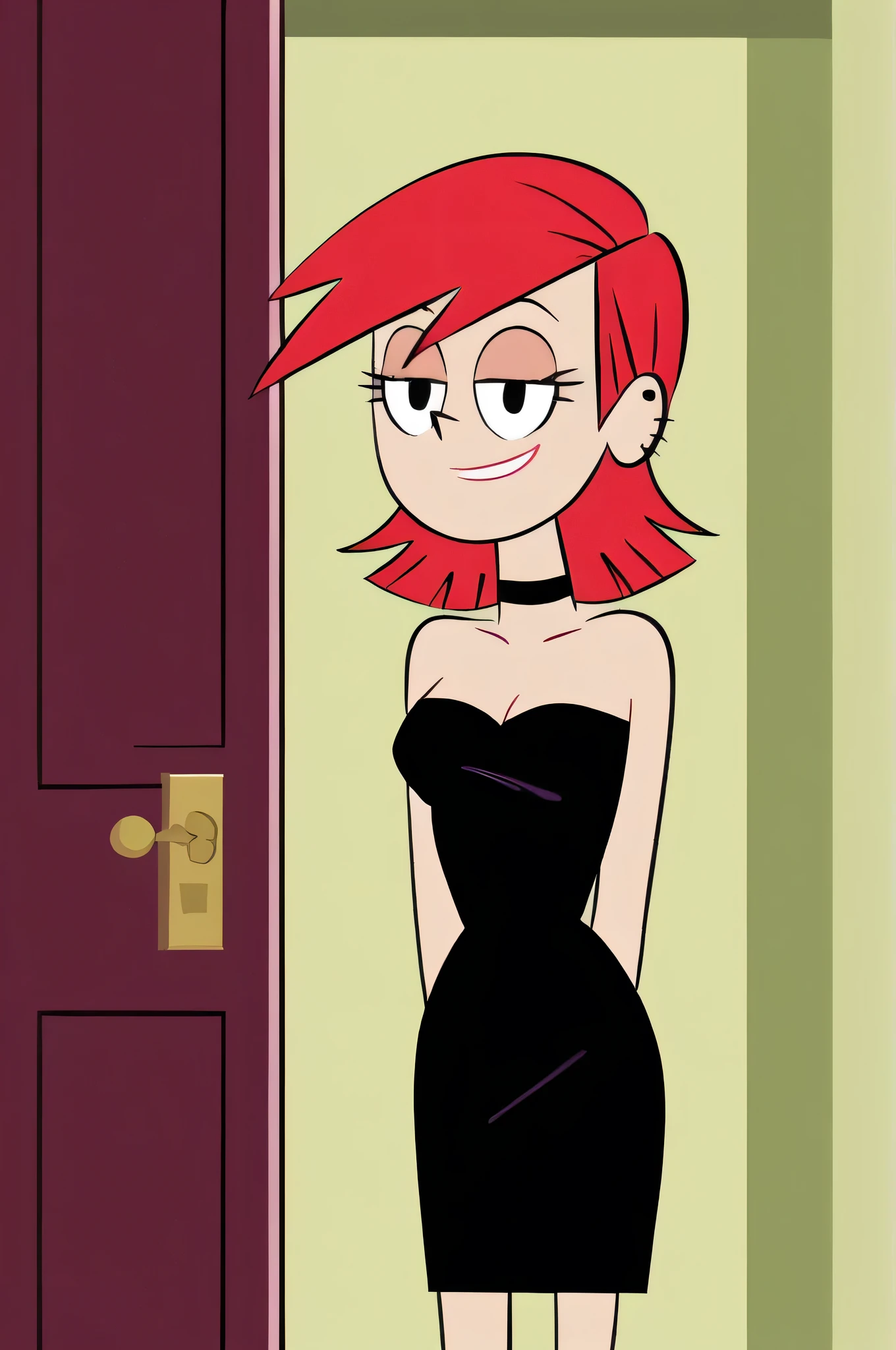 FrankieFoster, red medium hair, red bob hair cut, black eyes, posing, solo, strapless black dress, smug, beautiful, arms at sides, standing at the pink front door, looking at viewers,