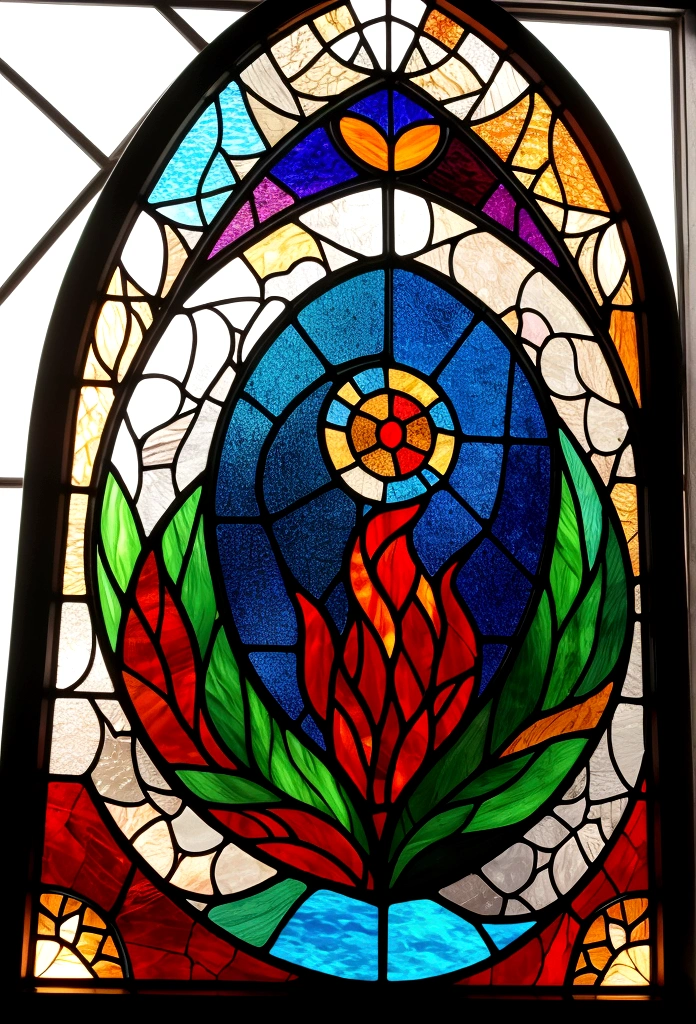 Represents the four elements: air, water, fire and earth as stained glass.