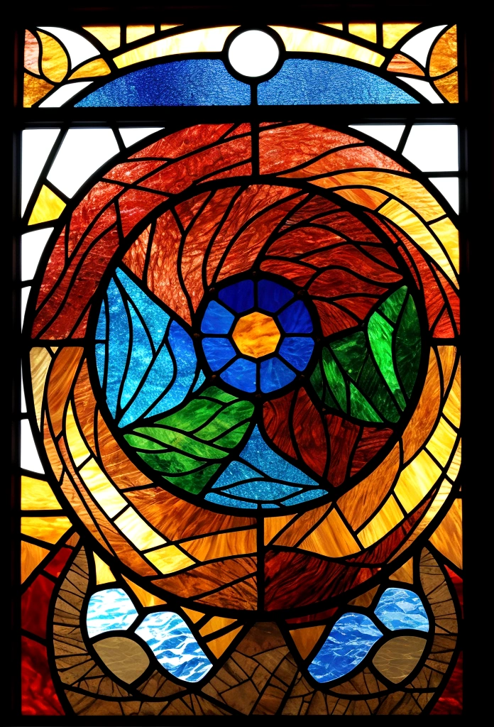 Represents the four elements: air, water, fire and earth as stained glass.
