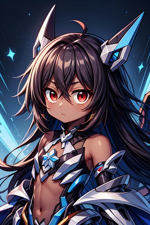 (((dark skin tone))),dark skin male, femboy, dark skin, cute shota,red eyes, blue mecha hairpin, dark brown hair medium hair,wearing a black exoskeleton, detached sleeves, blue mecha Gauntlets, black full bodysuit, honkai impact herrscher of reason,full armour mecha_musame,battlesuit, orange gem on the chest, close up