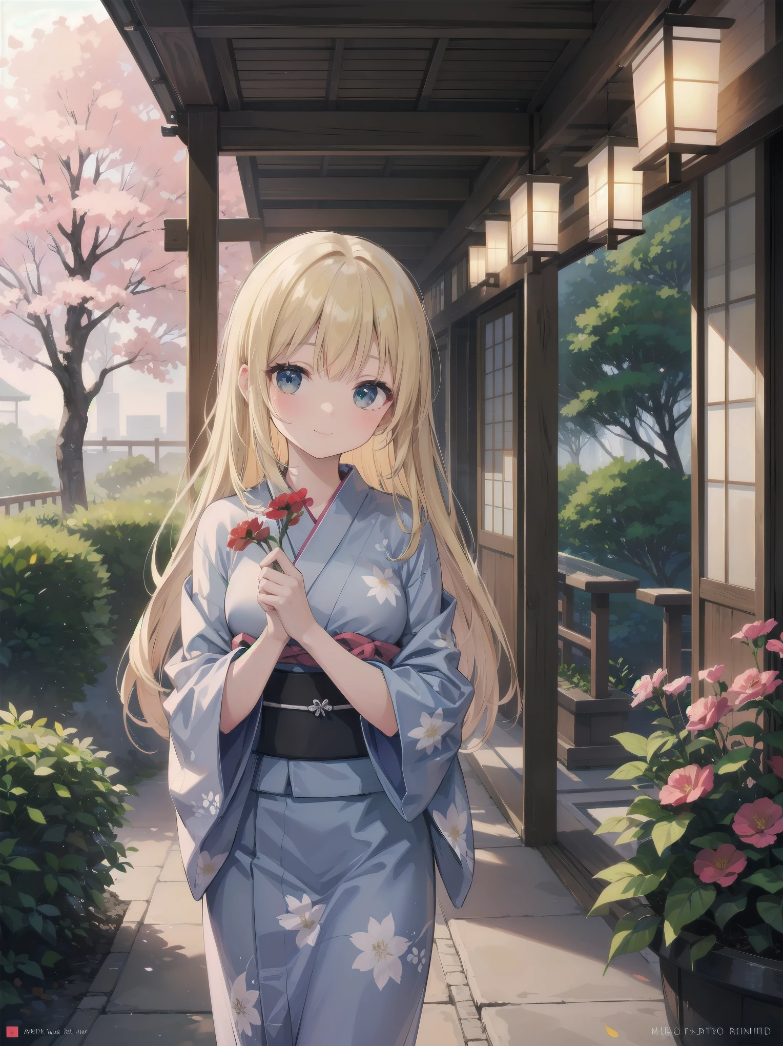 Subject: pretty beautiful girl
Subtitle: {Long, straight blonde hair}{Japanese-style yukata}{Posing picking flowers}{Japanese garden}{Smiling demurely}{Mirrorless camera, f/1.8, 1/400 sec, ISO 800, soft focus effect}
A beautiful girl with long, straight blonde hair stands in a quiet Japanese garden. She is wearing a beautiful Japanese yukata and is elegantly picking flowers. Her modest smile enhances her elegance and makes for a memorable scene. In the background is a lush green Japanese garden, which gives the scene a traditional beauty. The photo was taken with a mirrorless camera at f/1.8 aperture, shutter speed 1/400 sec, ISO 800, and the soft-focus effect adds to the soft, magical atmosphere.