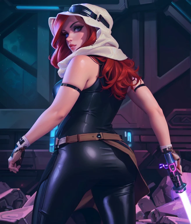 a woman in a star wars outfit holding a light saber, mara jade skywalker, mara jade, triss merigold cosplay, miss fortune league of legends, cutesexyrobutts, katarina from league of legends, female redhead templar, artgerm and lois van baarle, miss fortune, redhead female cyberpunk, red hood cosplay, jessica nigri