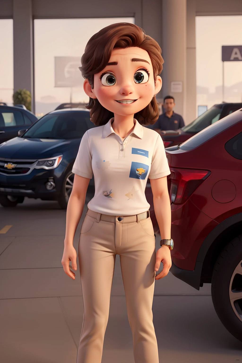 A Scheduling Coordinator at a Chevrolet dealership, chubby in a white polo-neck shirt with the Chevrolet symbol printed on it and on the other side written autoeste, beige pants with red sneakers, bem alegre