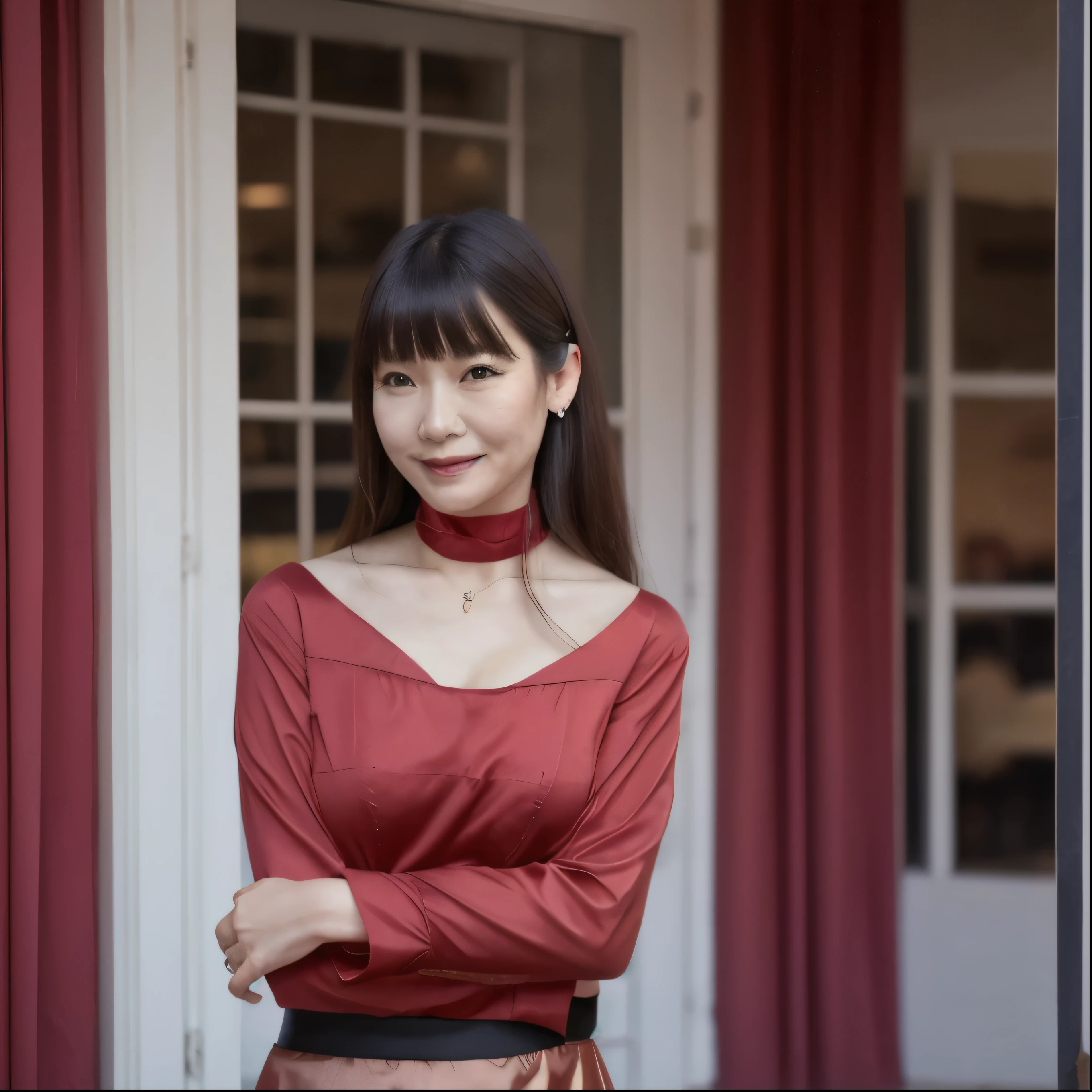 ((highest quality)), ((8K)), ((masterpiece:1.3)), (Perfect look), (Photorealism:1.6), (A walking Japanese mature woman), (Woman window shopping), Blurred Background, Japanese Mature, 62 years old, ((Realistic skin texture)), (Fine wrinkles all over the skin:1.3), (Dull skin:1.1), (Unmoisturized skin:1.2), (Facial wrinkles:0.9), (Wrinkles around the eyes:1.2), double eyelid, Tear bags on the lower eyelids, (Crying Mole:0.9), The eyes are watching me, Serious look, (Dimples on cheeks:1.2), (Short bangs:1.2), Long hair with curled ends, (Hair over the ears), Smiling with the corners of his mouth turned up, (Red blouse), (Black long skirt), Soft fabric blouse, (Wide-necked blouse: 1.4), Wide sleeves, Cuffs that fit snugly around the wrist, Long Skirt, Hair blowing in the wind, Small breasts, (wine red lips), (Red high heels：1.2), (Standing posture, Full body portrait：1.4), (Angle from the feet：1.4),
