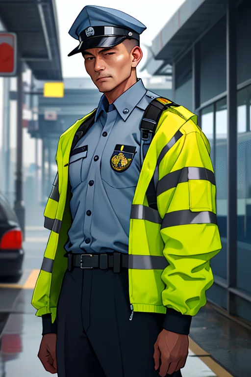 property watchman, serious and observant man, on duty. The security guard uniform is a set of specific clothing and accessories that security guards must wear during the exercise of their professional activities. It is regulated and mandatory in-service use, as established in Ordina.
