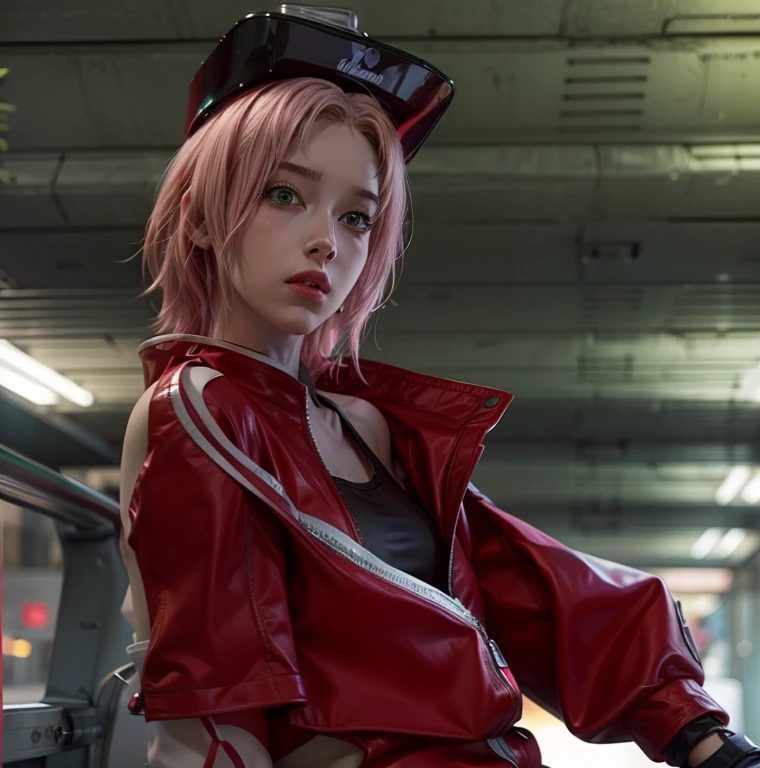 young woman, short shoulder-length pink hair, wide forehead, porcelain skin, pink eyebrows, big emerald green eyes, buttoned nose, full lips, heart-shaped face, slender body, small breasts, red tank top, Sakura Haruno , realistic, realism, details, 3d, well detailed
