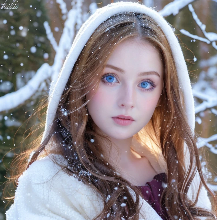 Beautiful girl, blue eyes, long curly white hair, detailed facial traits, national turkic female dress, naked breasts, yurta behind, it's snowing