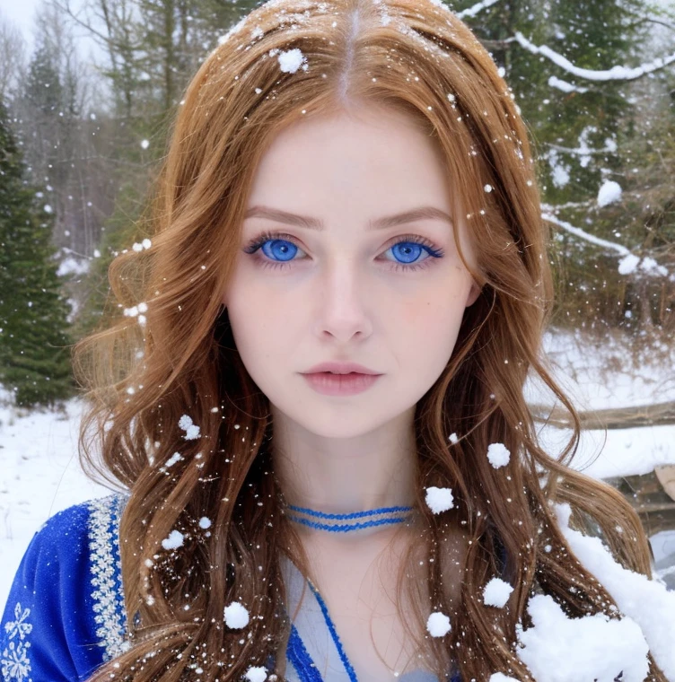 Beautiful girl, blue eyes, long curly white hair, detailed facial traits, national turkic female dress, naked breasts, yurta behind, it's snowing