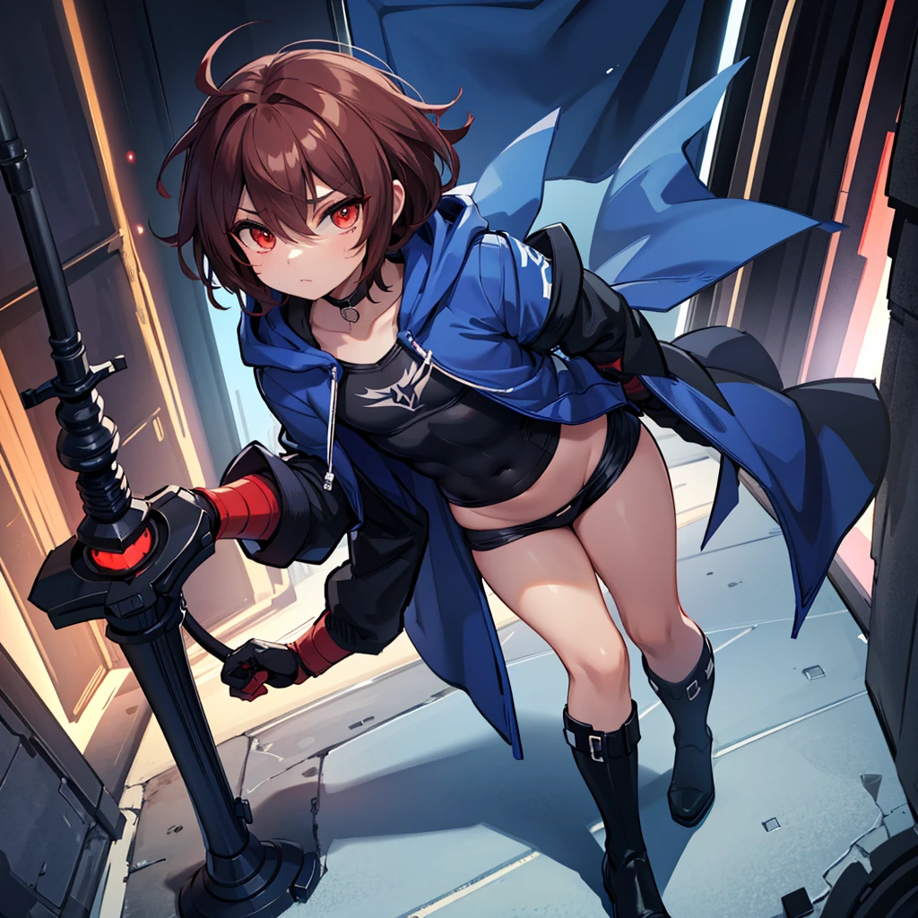1boy, Femboy, superhero, crossdresser man, ager, with a dark blue with red accents full body Spandex crow themed suit, with a blue cape, a blue glowing decal in the chest, black gloves and black boots that resemble crow feet, and a hoodie, long technological red sword, brown skinned, red eyes, feminine shoulder length dark brown hair, wide hips, thick thighs , flat chest, narrow waist, walking down street a futuristic city at night ((only one character))