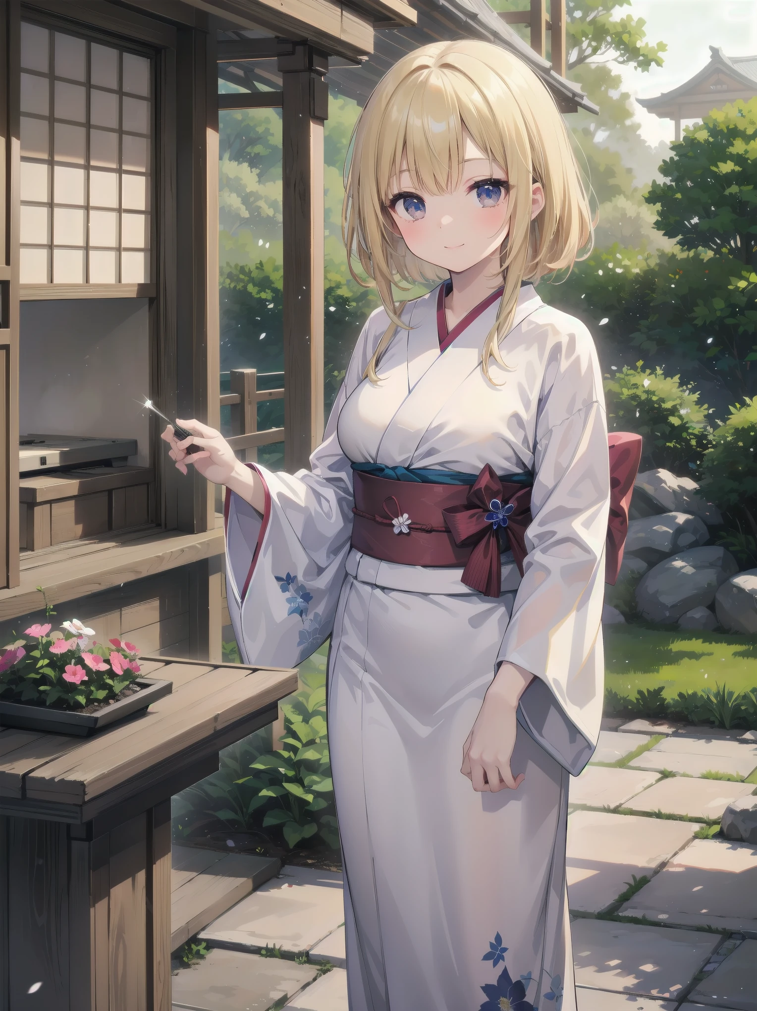 Subject: pretty beautiful girl
Subtitle: {Long, straight blonde hair}{Japanese-style yukata}{Posing picking flowers}{Japanese garden}{Smiling demurely}{Mirrorless camera, f/1.8, 1/400 sec, ISO 800, soft focus effect}

A beautiful girl with long, straight blonde hair stands in a quiet Japanese garden. She is wearing a beautiful Japanese yukata and is elegantly picking flowers. Her modest smile enhances her elegance and makes for a memorable scene. In the background is a lush green Japanese garden, which gives the scene a traditional beauty. The photo was taken with a mirrorless camera at f/1.8 aperture, shutter speed 1/400 sec, ISO 800, and the soft-focus effect adds to the soft, magical atmosphere.