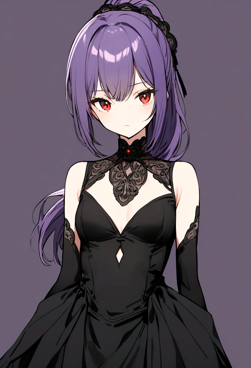 purple haired girl, waist length ponytail, red eyes, wearing black dress like model,