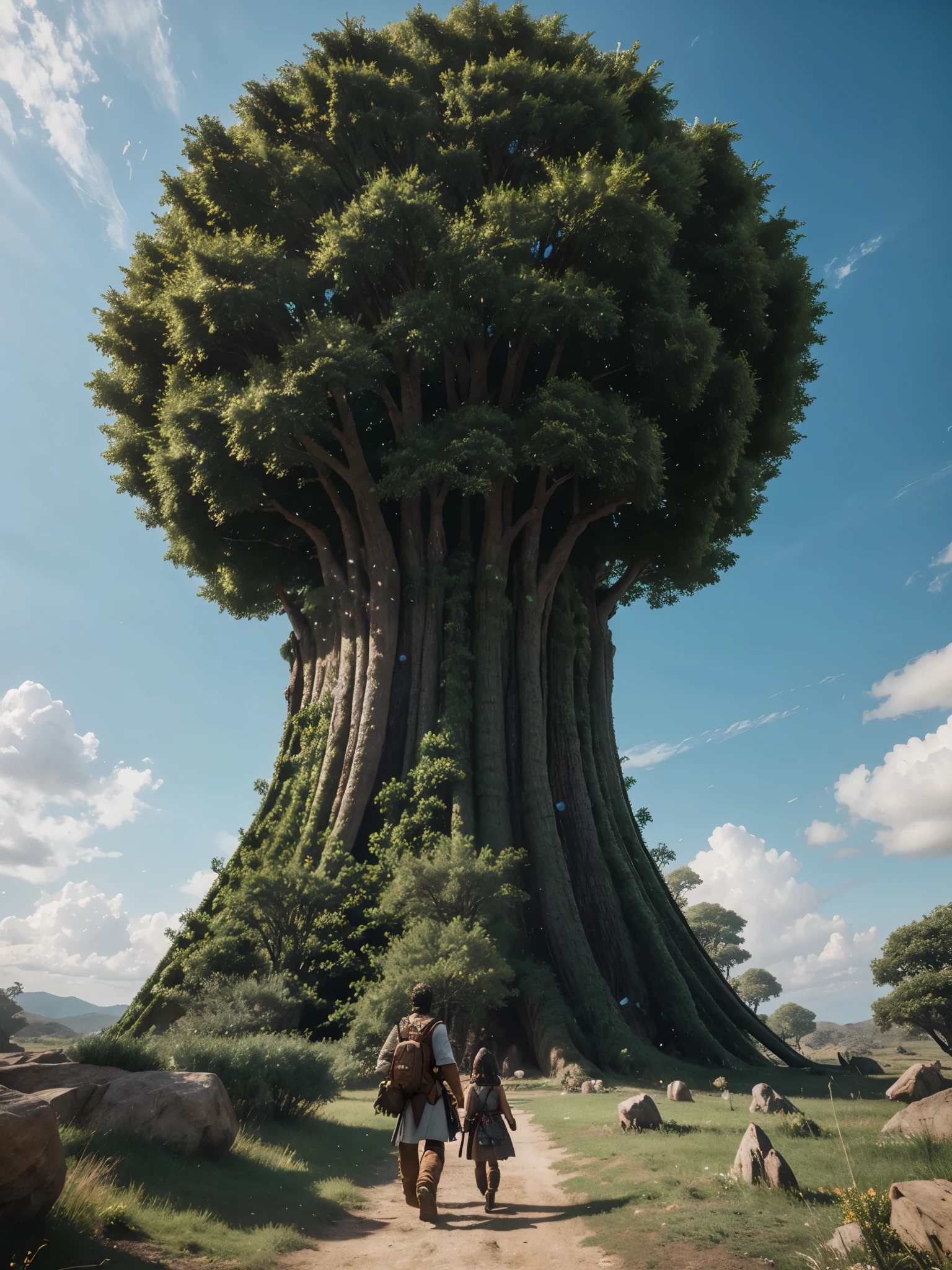Zebaote, epic fantasy giant tree, enormes montanhas, cinematic lens, wide angle view, realista, Skins detalhadas, 8K, trends on Artstation, suave, 3D Animation --AR 2:1 --v 5 --q 2 --s 750