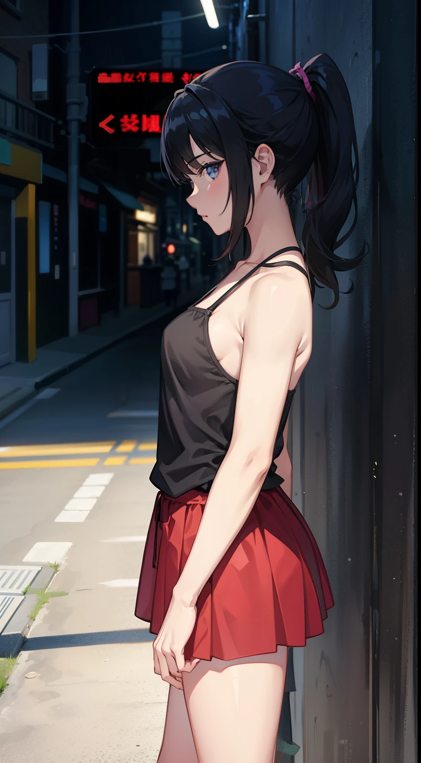 1girl, solo, promo art, by mika pikazo, masterpiece, bare shoulders,  ponytail, looking at viewer 