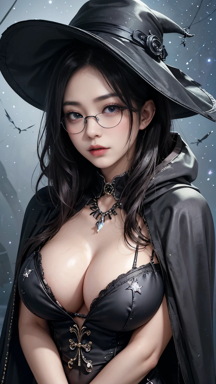 (Fatal Beauty,A charming villain,witch) ,(A supple and powerful physique),(Sensual charm),(Mysterious charm:1.1),(Captivating silhouette),((((Glasses))))、((((big sapphire necklace))))、(highest quality,High resolution:1.2),(dark,Threatening:1.1),((dark horror theme:1.5),(Thriller:1.5)),(Dark fantasy:1.5), (((Countless stars fly away:1.5),(Absurd:1.5),(wonderful:1.5))),Woman in a dress, (Powerful numbers:1.1),(((Big Breasts))),(((Muscular:1.1))), cute face, Sexy Face, , Very detailedなbeautiful女の子, (Ideal body type:1.8), Very detailed faceexpressive lips, (Very beautiful、Crisp big eyes:1.5), Fine skin., All features are shown in detail., The outline of the fingers is beautifully drawn....., The nose is precisely shaped., expressive lips, Perfect Anatomy,cute、Realistic、(Front view:1.4),(Face Focus:1.3), realistic girl rendering, 8k artistic german bokeh, Enchanting girl, Real Girls, Gurwitz, Gurwitz-style artwork, Girl Roleplay, Realistic 3D style, cgstation Popular Topics, 8K Portrait Rendering,(truth,truth:1.4),Sexy Body,( Very lean body:1.6),Sexy pose, blush, Attractive body, Very curly hair, Purple Curly Hair, very big hair, Very curly hair, prime color,Urban,Very detailed,masterpiece,Intricate details,Faded,Very detailed, Eye for details,Intricate details,Dark and spooky atmosphere, Spiritual Beings, Unforgettably beautiful, Ghostly figures, Shadow-like shape, Spooky whispers, Ominous Aura, Goth Maiden, Like dazzling fur in a starless haze,Her Mogul Snaps, Mysterious Cemetery,Black hair swaying in the moonlight, She summons darkness, (beautiful: 1.7), (Black Hat: 1.6), (An intricately decorated jet-black cloak: 1.6), (Delicately decorated cloak, Despite the damage: 1.5), Hypermaximalist, Breathtaking oil paintings, Surreal, Ultra-realistic digital illustrations that mimic the style of oil paintings, Wonderful configuration, (Shining Eyes:1.6)、(Glowing Eyes:1.1),(hellish landscape:1.1),(fire,sulfur:1.1),(Threatening atmosphere:1.1),