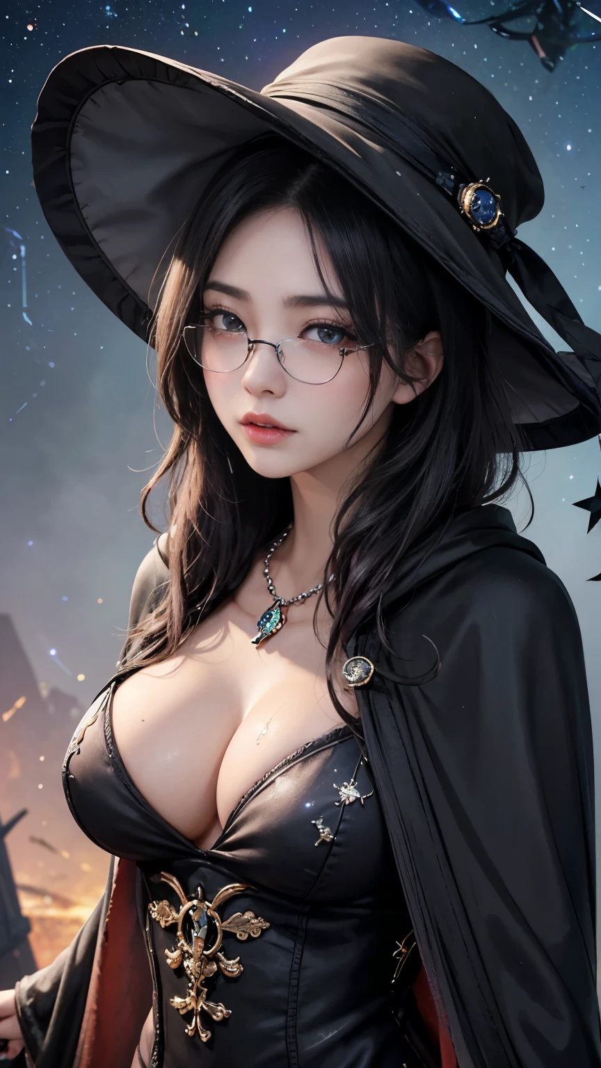 (Fatal Beauty,A charming villain,witch) ,(A supple and powerful physique),(Sensual charm),(Mysterious charm:1.1),(Captivating silhouette),((((Glasses))))、((((big sapphire necklace))))、(highest quality,High resolution:1.2),(dark,Threatening:1.1),((dark horror theme:1.5),(Thriller:1.5)),(Dark fantasy:1.5),  (((Countless stars fly away:1.5),(Absurd:1.5),(wonderful:1.5))),Woman in a dress, (Powerful numbers:1.1),(((Big Breasts))),(((Muscular:1.1))), cute face, Sexy Face, , Very detailedなbeautiful女の子, (Ideal body type:1.8), Very detailed faceexpressive lips, (Very beautiful、Crisp big eyes:1.5), Fine skin., All features are shown in detail., The outline of the fingers is beautifully drawn....., The nose is precisely shaped., expressive lips, Perfect Anatomy,cute、Realistic、(Front view:1.4),(Face Focus:1.3), realistic girl rendering, 8k artistic german bokeh, Enchanting girl, Real Girls, Gurwitz, Gurwitz-style artwork, Girl Roleplay, Realistic 3D style, cgstation Popular Topics, 8K Portrait Rendering,(truth，truth：1.4),Sexy Body,( Very lean body:1.6),Sexy pose, blush, Attractive body, Very curly hair, Purple Curly Hair, very big hair, Very curly hair, prime color,Urban,Very detailed,masterpiece,Intricate details,Faded,Very detailed, Eye for details,Intricate details,Dark and spooky atmosphere,  Spiritual Beings, Unforgettably beautiful, Ghostly figures, Shadow-like shape, Spooky whispers, Ominous Aura, Goth Maiden,  Like dazzling fur in a starless haze,Her Mogul Snaps, Mysterious Cemetery,Black hair swaying in the moonlight, She summons darkness, (beautiful: 1.7), (Black Hat: 1.6), (An intricately decorated jet-black cloak: 1.6), (Delicately decorated cloak, Despite the damage: 1.5), Hypermaximalist,  Breathtaking oil paintings, Surreal, Ultra-realistic digital illustrations that mimic the style of oil paintings, Wonderful configuration,  (Shining Eyes:1.6)、(Glowing Eyes:1.1),(hellish landscape:1.1),(fire,sulfur:1.1),(Threatening atmosphere:1.1),