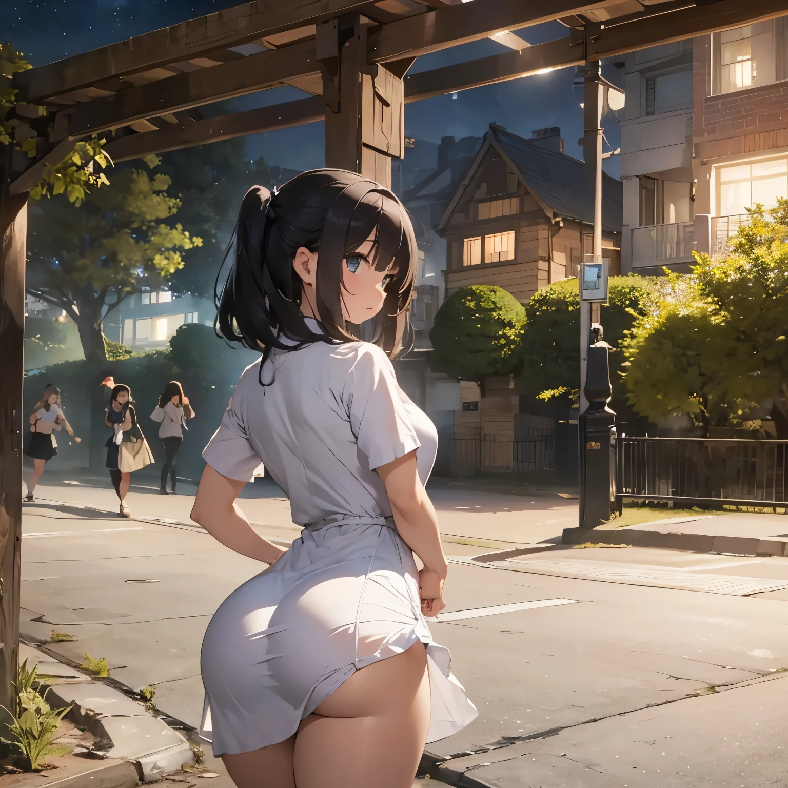 a woman with a big butt and wide hips, her butt is visible in her dress, She is in a park at night, It's at night.
