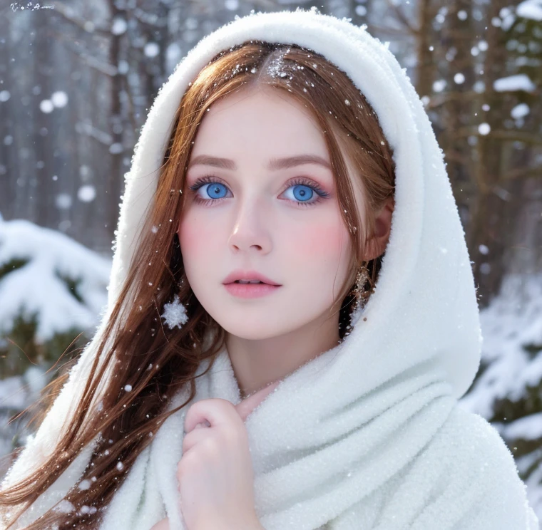 Beautiful girl, blue eyes, long curly white hair, detailed facial traits, national turkic female dress, naked breasts, yurta behind, it's snowing