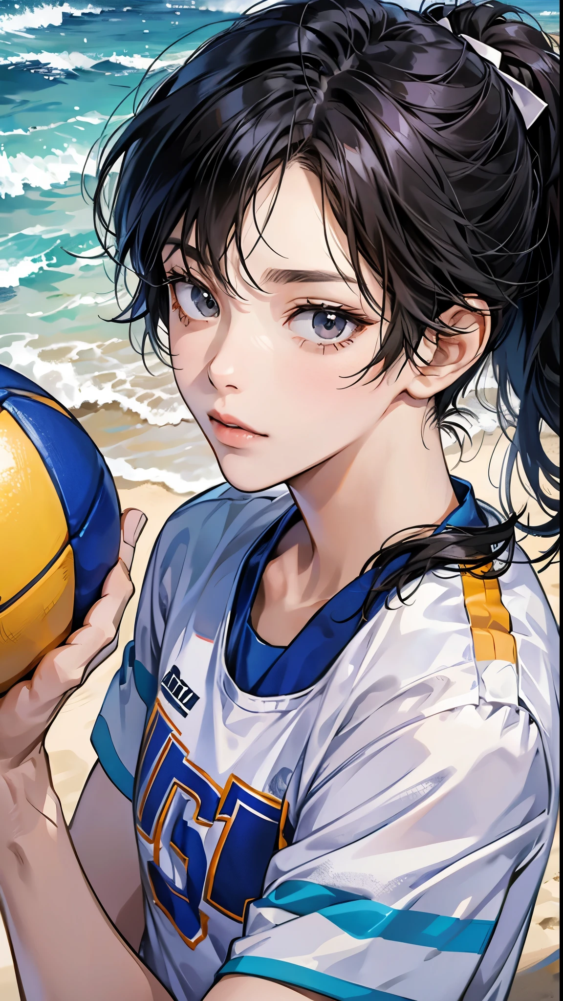 High resolution、masterpiece quality、4K、8K、Immersive:1.2. Tobio Kageyama, the main character of Haikyuu!,Her distinctive black hair appeared in a solo scene.。 The volleyball genius boy、The entire face is captured in detail in a close-up、Showcasing distinctive eyes and expressive facial features。 Kageyama is、It is depicted on a calm beach with the ocean in the background.、It highlights the tranquility and beauty of the surroundings。 Show off your dynamic poses during a beach volleyball match、It's getting even more exciting