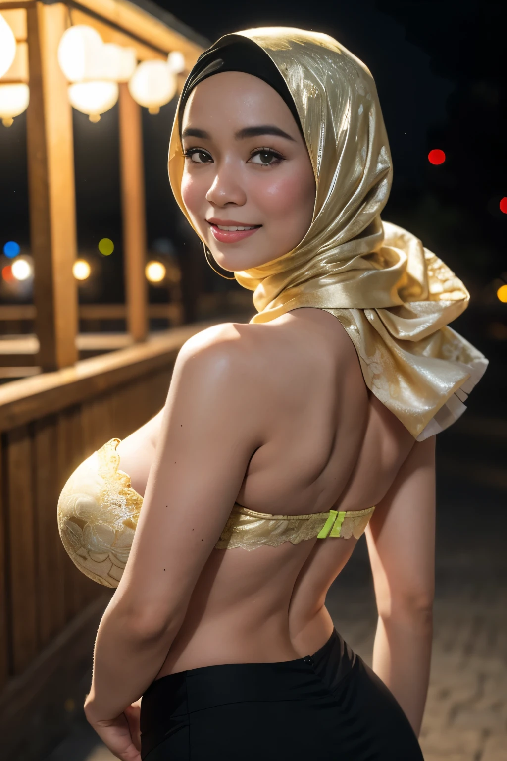 ((Lace)), (Happy smile), (((HIJAB MALAY GIRL))), masutepiece, High quality, UHD 32K, Realistic face, Realistic skin feeling , A Japanese Lady, 58 years old lady, , Very cute and baby-like face, (((FLAT CHEST))), (Night time at forest), ((look In front at the camera and SADNESS)), (((GOLD FLUORESCENT))), (((CUTE GIRL))), ((GOLD FLUORESCENT LIPS)), ((Floral Pattern)) little wearing strapless bra, strapless colorful bra, dark night background , black forest night, horror scary place, (huge saggy breast), ((HEAVY HUGE BREASTS)), (from behind up) seductive pose