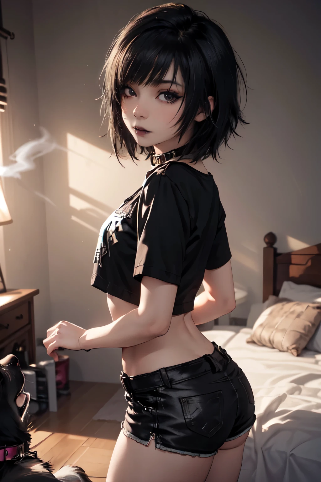 Girl, woman, emo_hairstyle, black lipstick, dog collar, eyeliner, eye shadow, smoky eyes, realistic lighting, short hair, tighhighs, short shorts, midriff, short clothes, bedroom, butt cheeks, thick thighs.