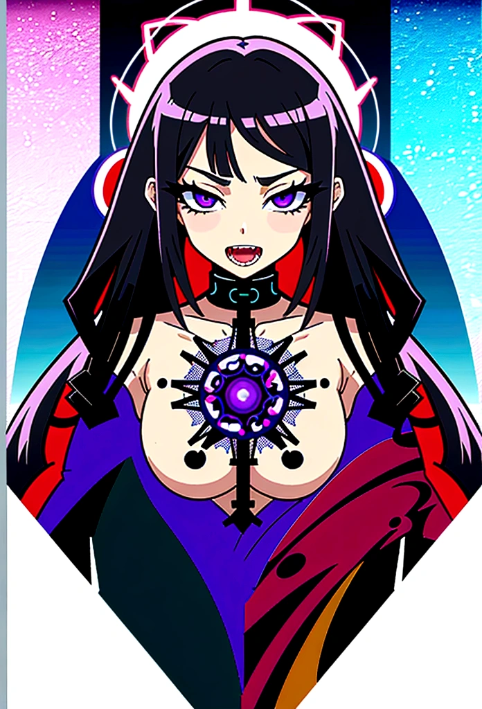 a beautiful detailed anime girl with ahegao expression, long purple hair in one braid, detailed purple eyes, nude body, black nail polish, rock metal style, sharp teeth, spread legs, photorealistic, 8k, high quality, masterpiece, digital art, anime portrait
